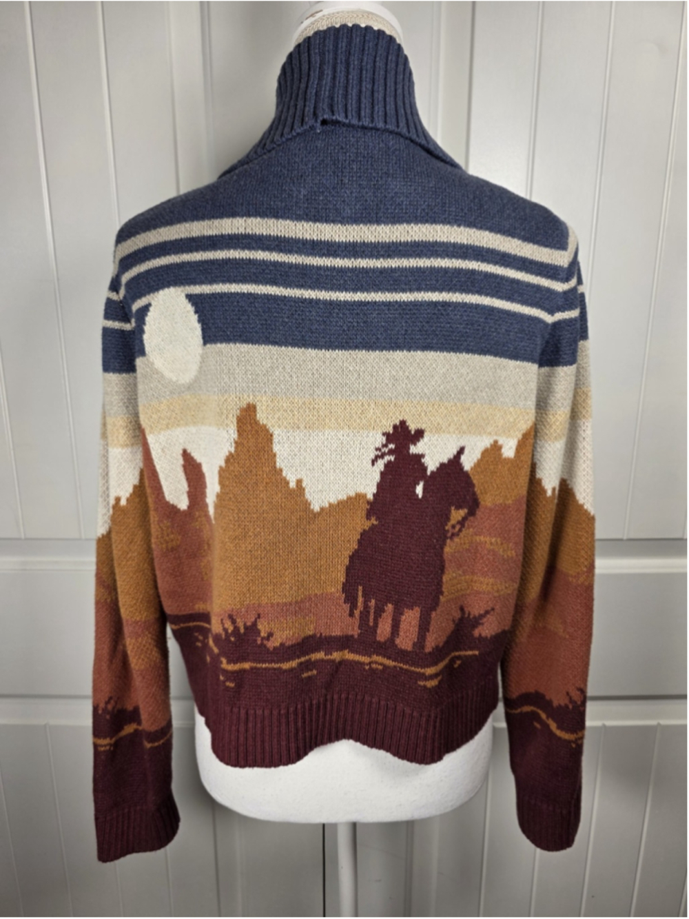 Pendleton Western Scenic Cardigan Women S Cowboy Horse Blue Rust Cotton Sweater - Picture 4 of 14